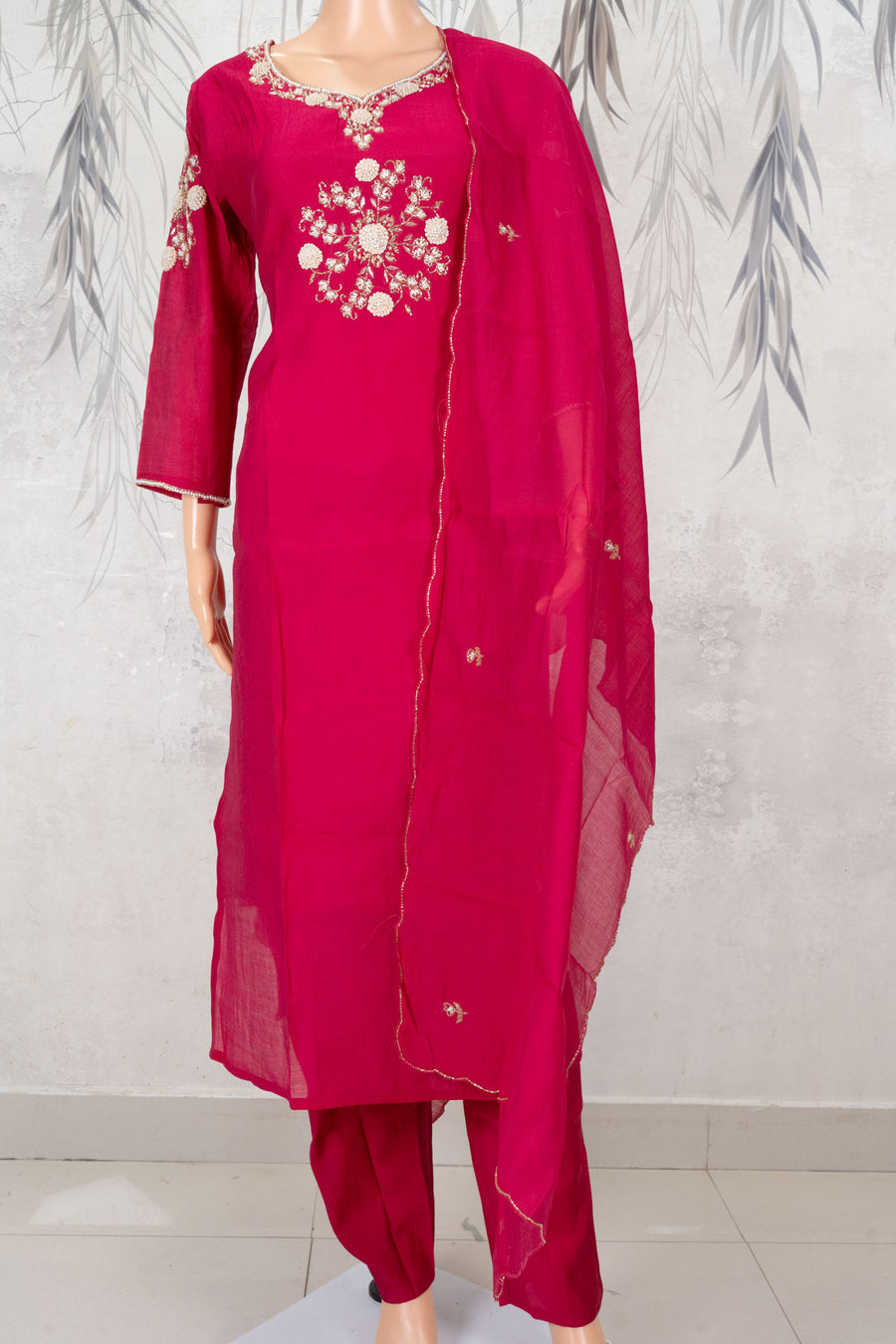 Crimson Red Floral Medallion 3-Piece Kurta Set – NWD-01-003