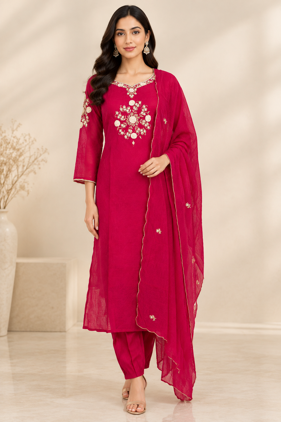 Crimson Red Floral Medallion 3-Piece Kurta Set – NWD-01-003
