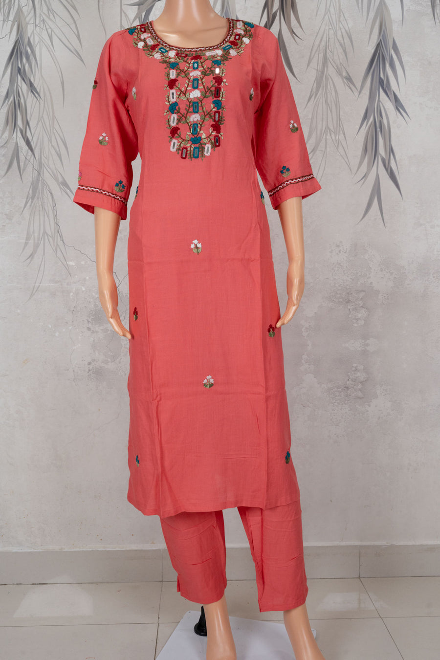 Coral Pink Embellished Neckline 2-Piece Kurta Set – NWD-01-012
