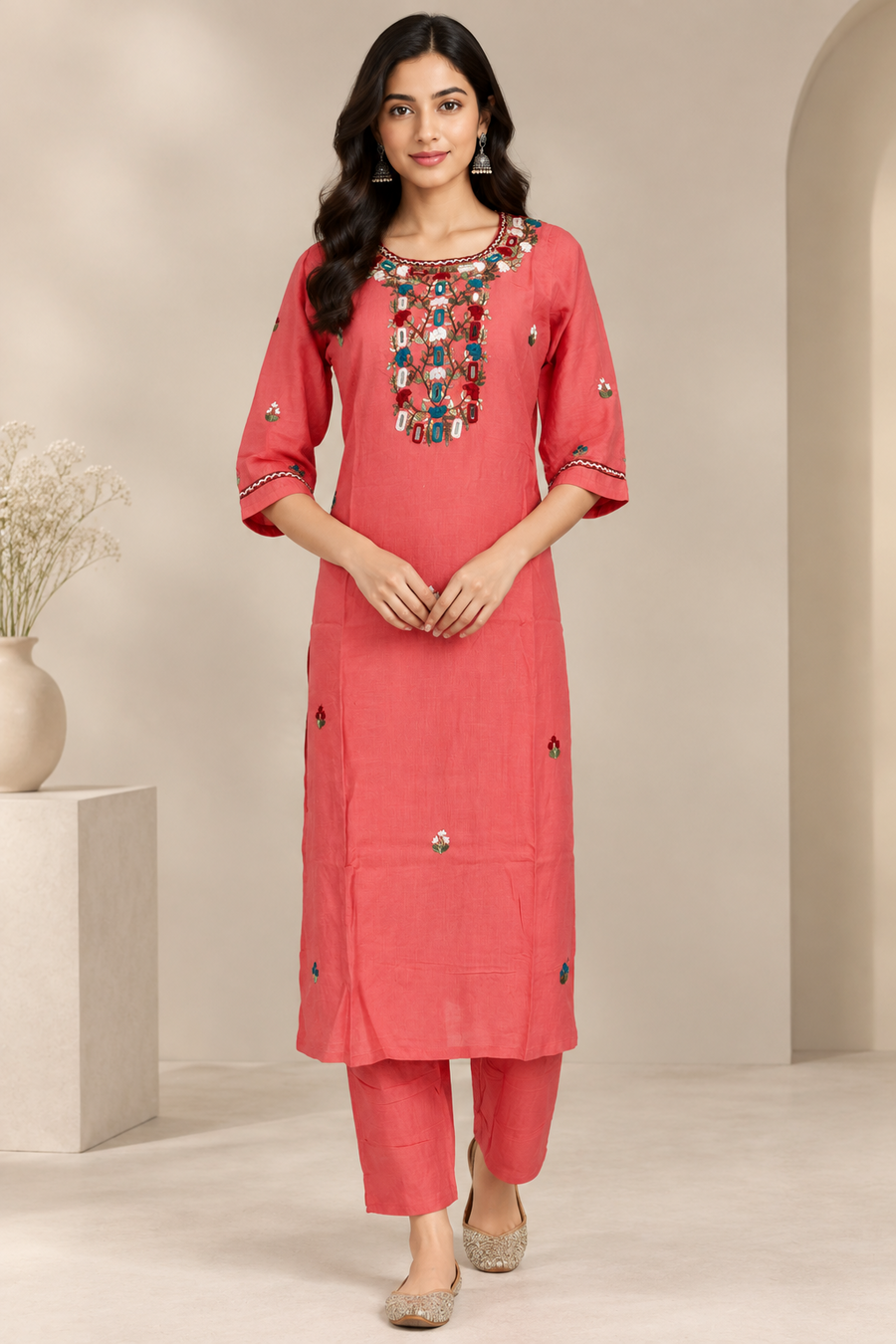 Coral Pink Embellished Neckline 2-Piece Kurta Set – NWD-01-012