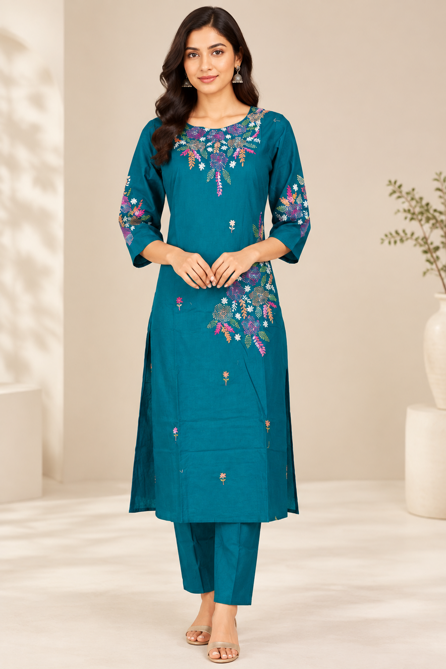 Teal Floral Hand Embroidered 2-Piece Kurta Set – NWD-01-026