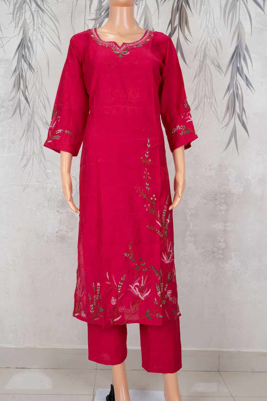 Deep Pink Botanical Hand Embroidered 2-Piece Kurta Set – NWD-01-004