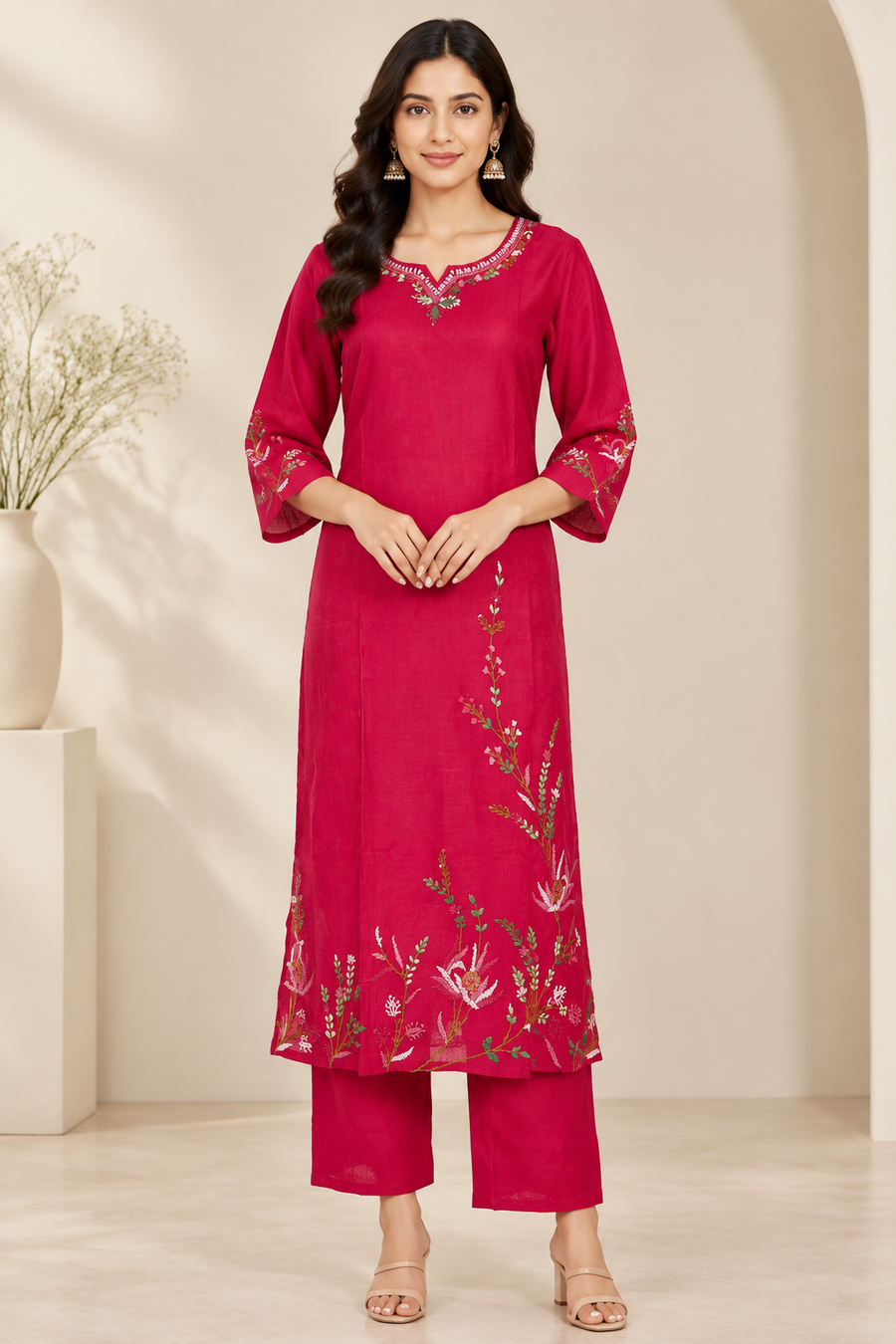 Deep Pink Botanical Hand Embroidered 2-Piece Kurta Set – NWD-01-004