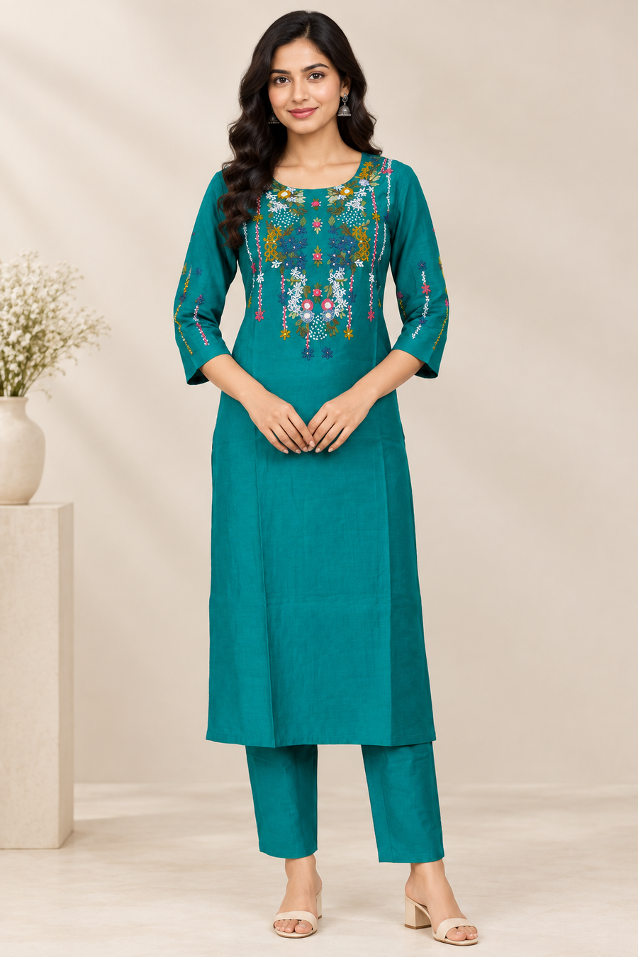 Teal Floral Neckline Hand Embroidered 2-Piece Kurta Set – NWD-01-027