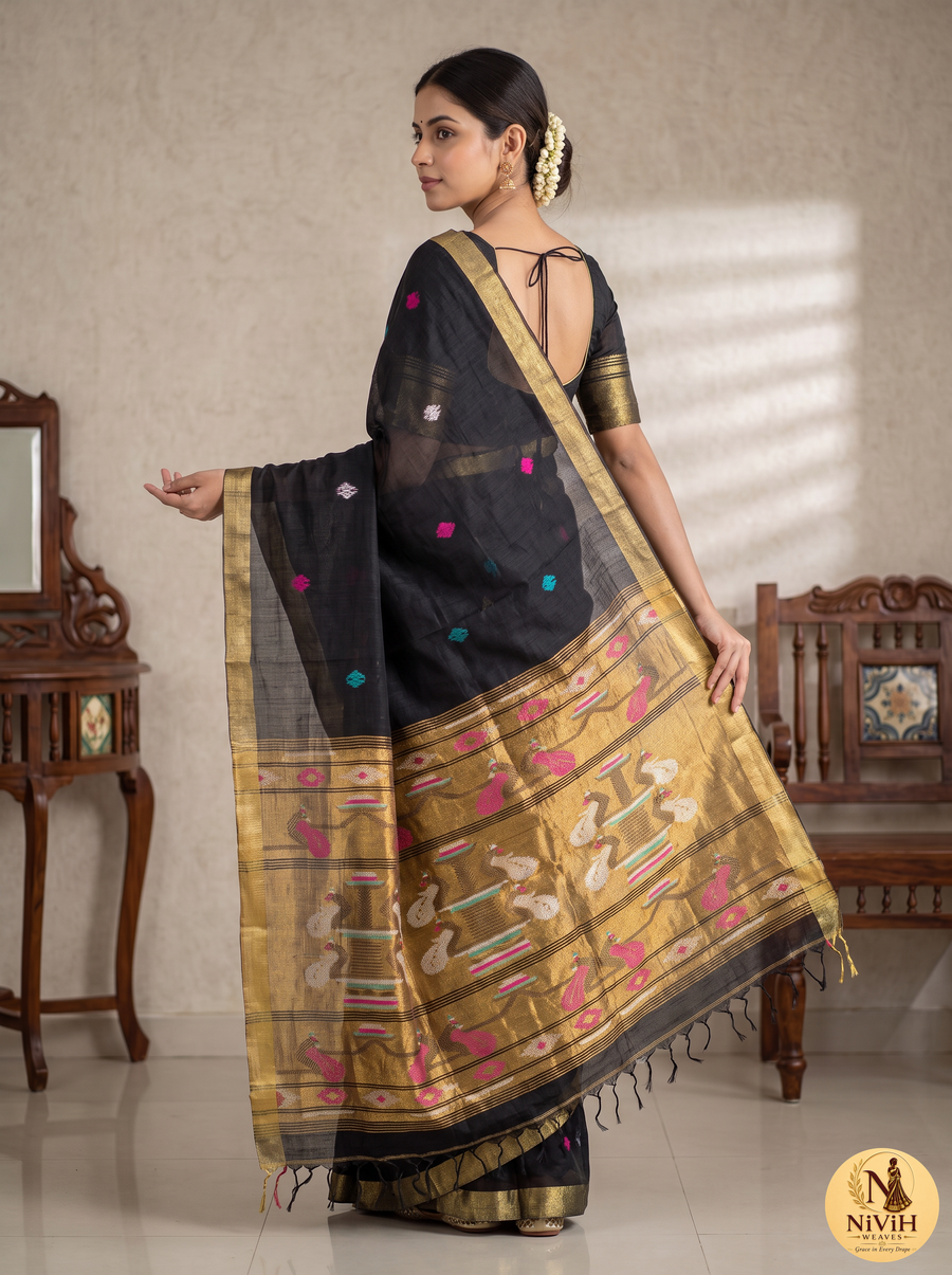 Black Bengal Silk Saree with Peacock Pallu & Broad Gold Zari Border – NWS-01-023