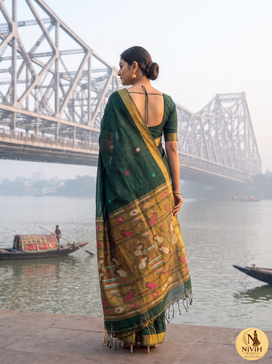Bottle Green Bengal Silk Saree with Peacock Pallu & Broad Gold Zari Border – NWS-01-023