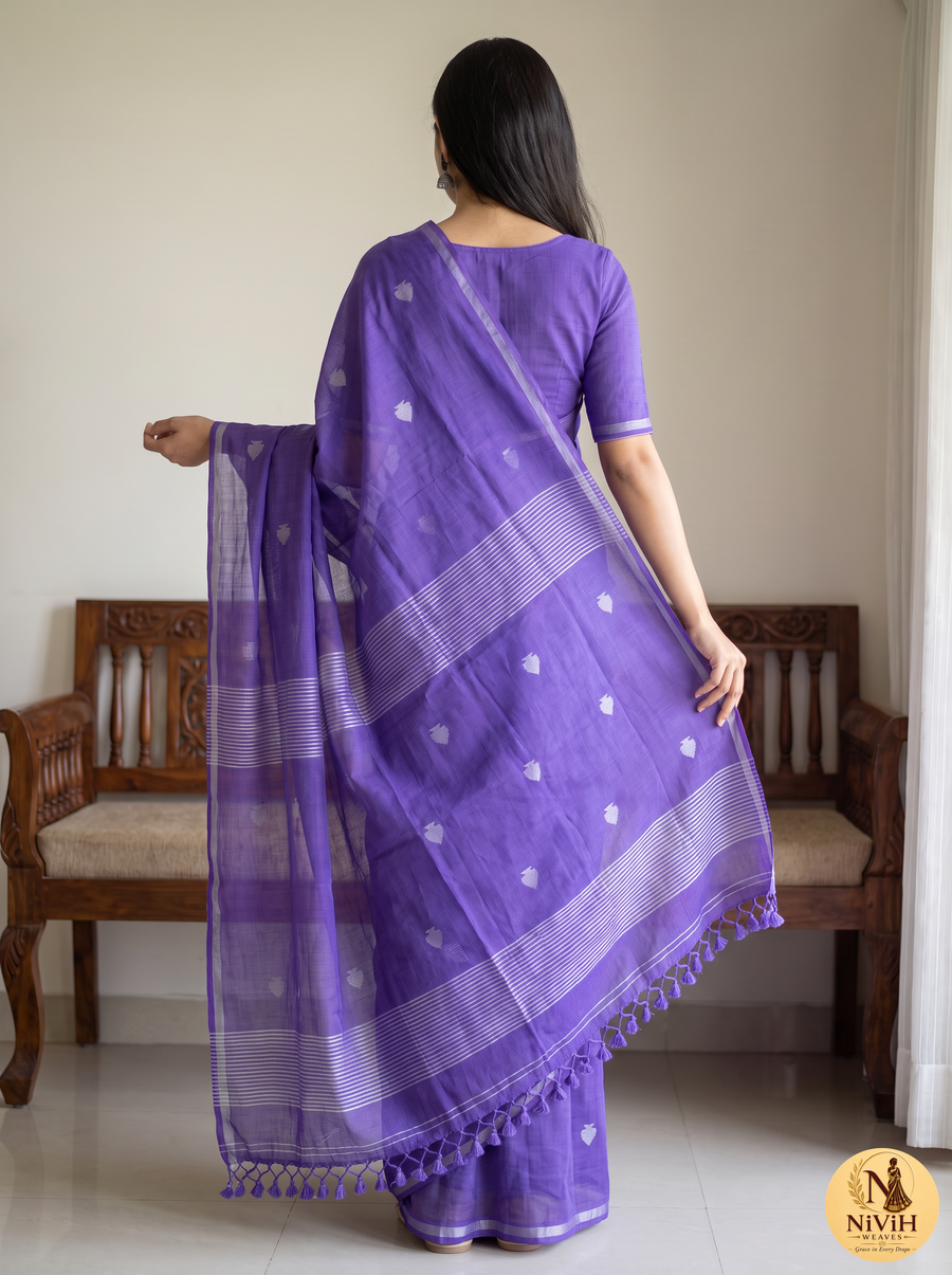 Violet Bengal Mul Cotton Saree with Silver Lotus Buta & Zari Stripe Pallu – NWS-01-020