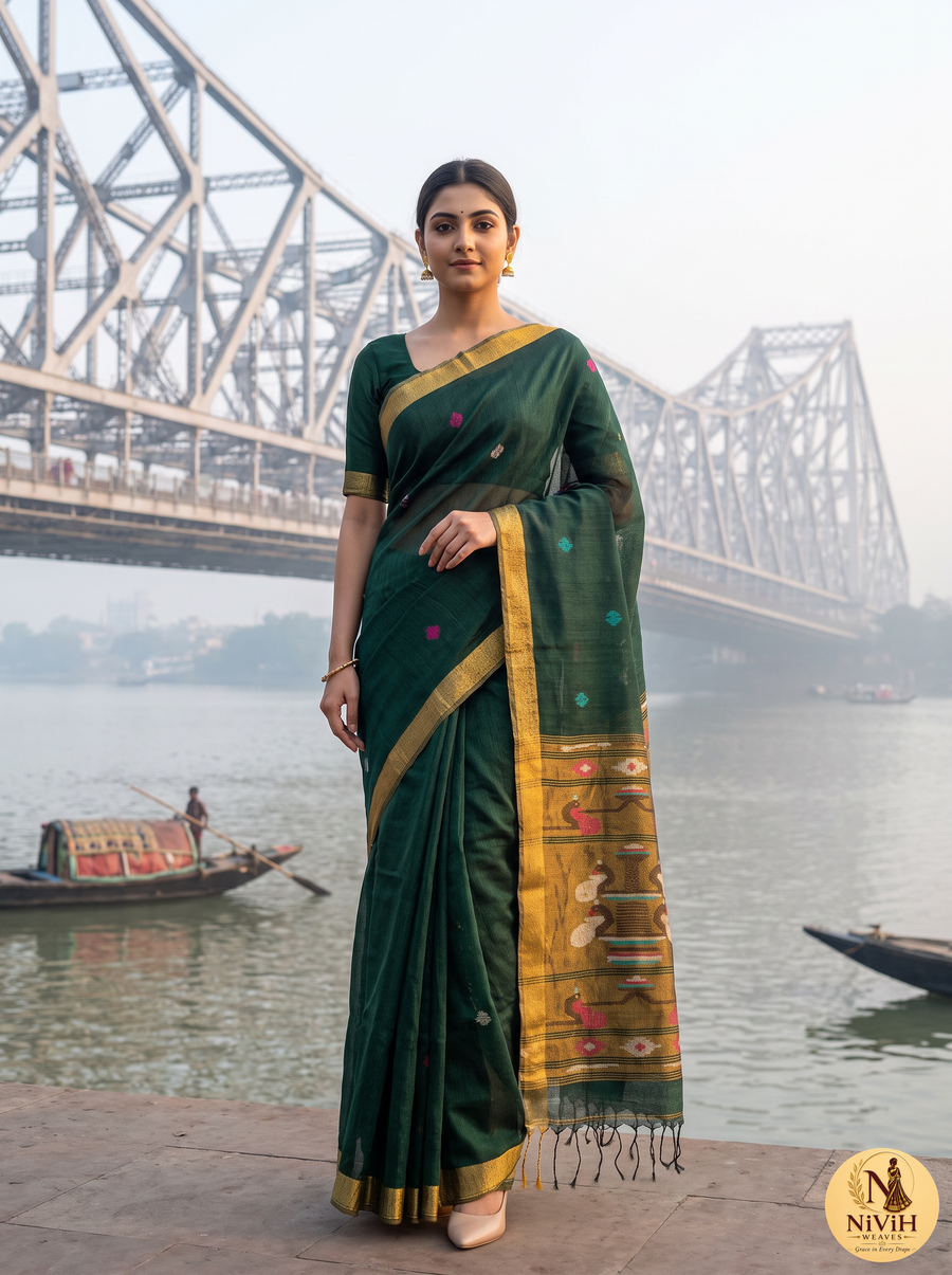 Bottle Green Bengal Silk Saree with Peacock Pallu & Broad Gold Zari Border – NWS-01-023