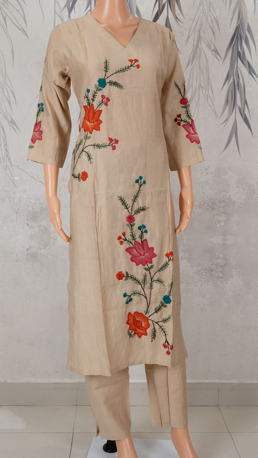 Beige Multicolour Floral Vine Hand Embroidered 2-Piece Kurta Set – NWD-01-001