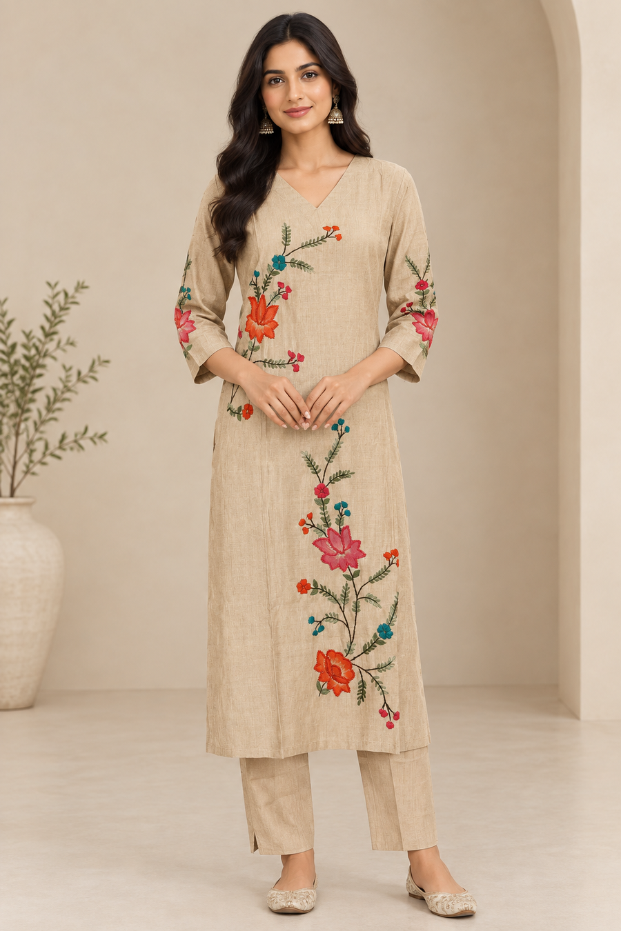 Beige Multicolour Floral Vine Hand Embroidered 2-Piece Kurta Set – NWD-01-001