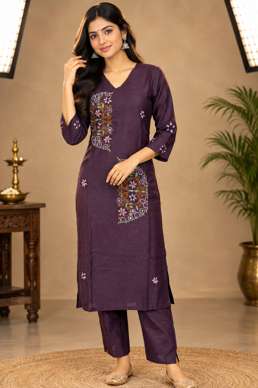Deep Plum Purple Vertical Floral Panel Hand Embroidered 2-Piece Kurta Set – NWD-01-005
