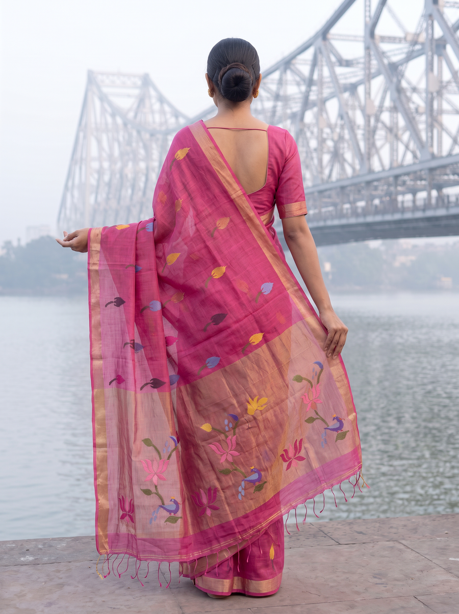 Deep Pink Bengal Linen Saree with Multicolour Floral Buta & Gold Zari Border – NWS-01-024