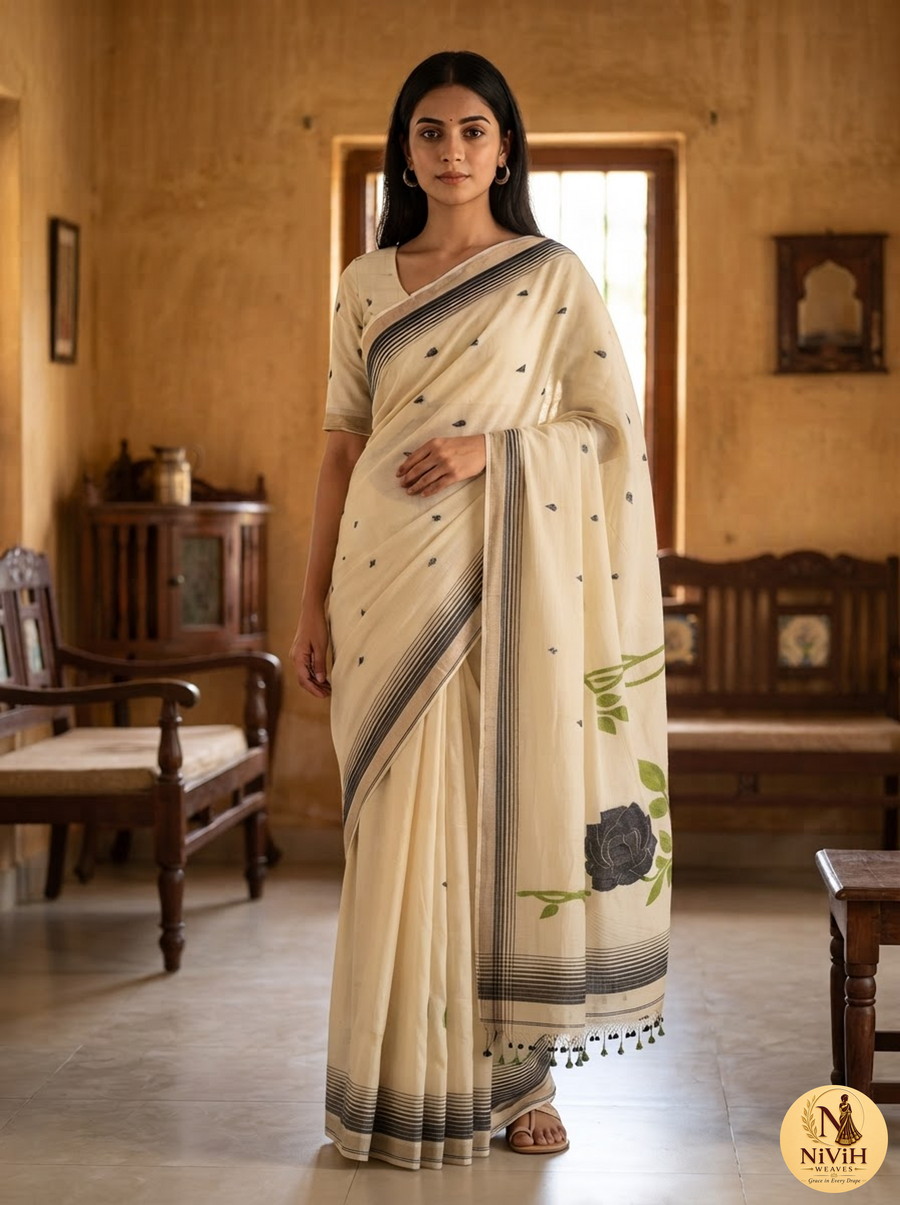 Cream Mul Cotton Saree with Dark Rose Pallu & Black Stripe Border – NWS-01-018