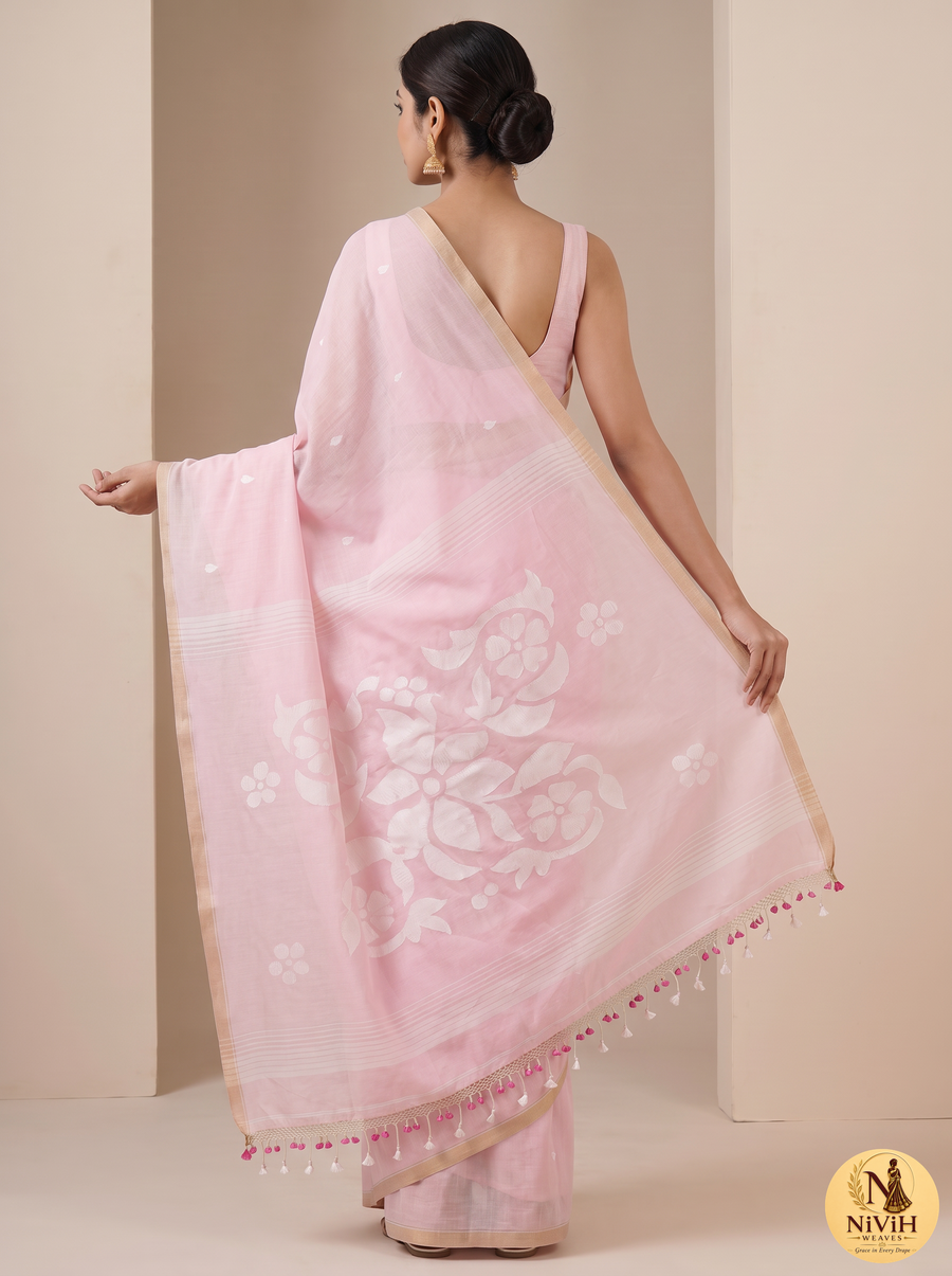 Baby Pink Bengal Mul Cotton Saree with Woven White Floral Pallu & Tassel Hem – NWS-01-019