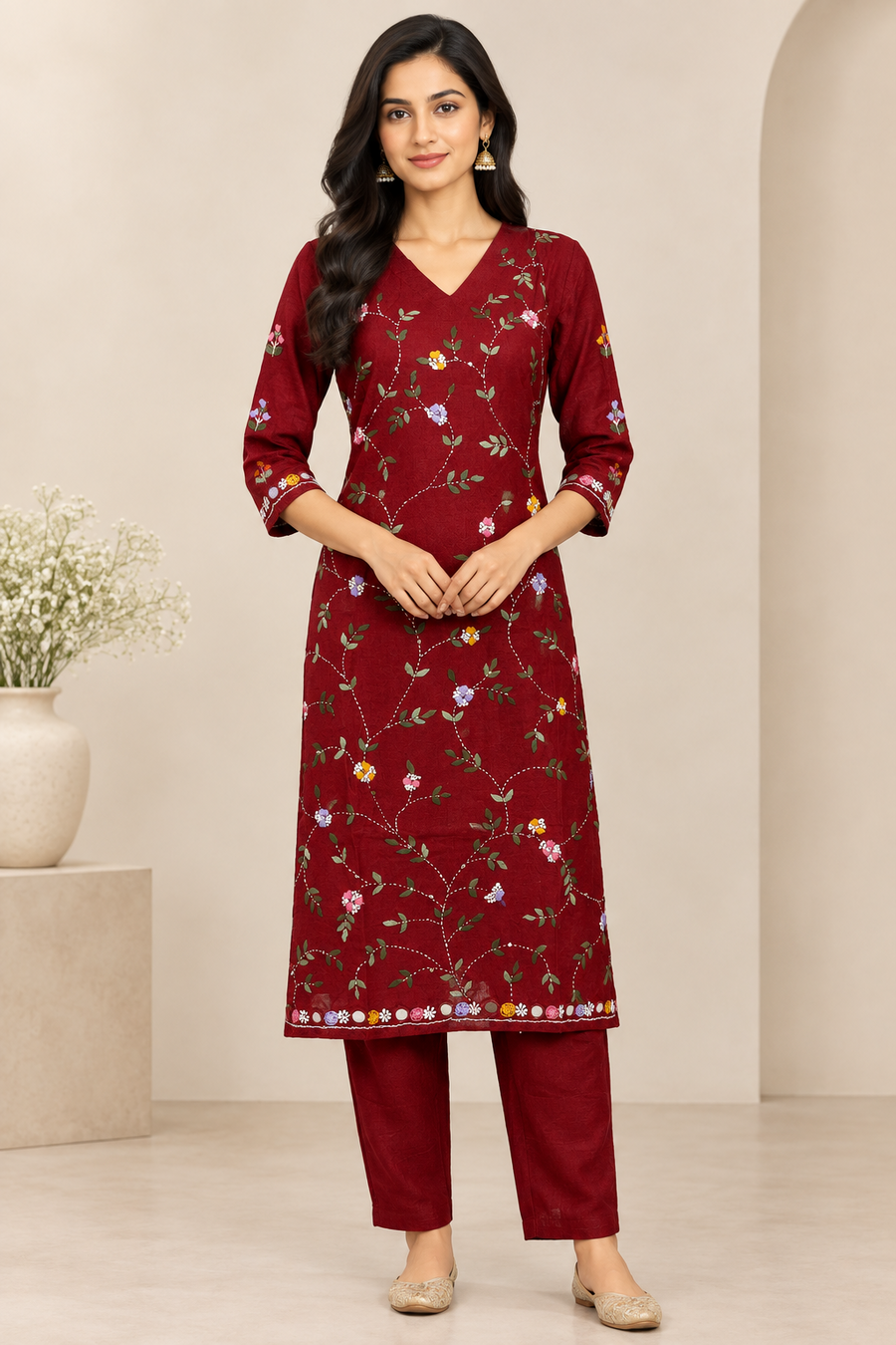 Maroon All-Over Floral Vine Hand Embroidered 2-Piece Kurta Set – NWD-01-002