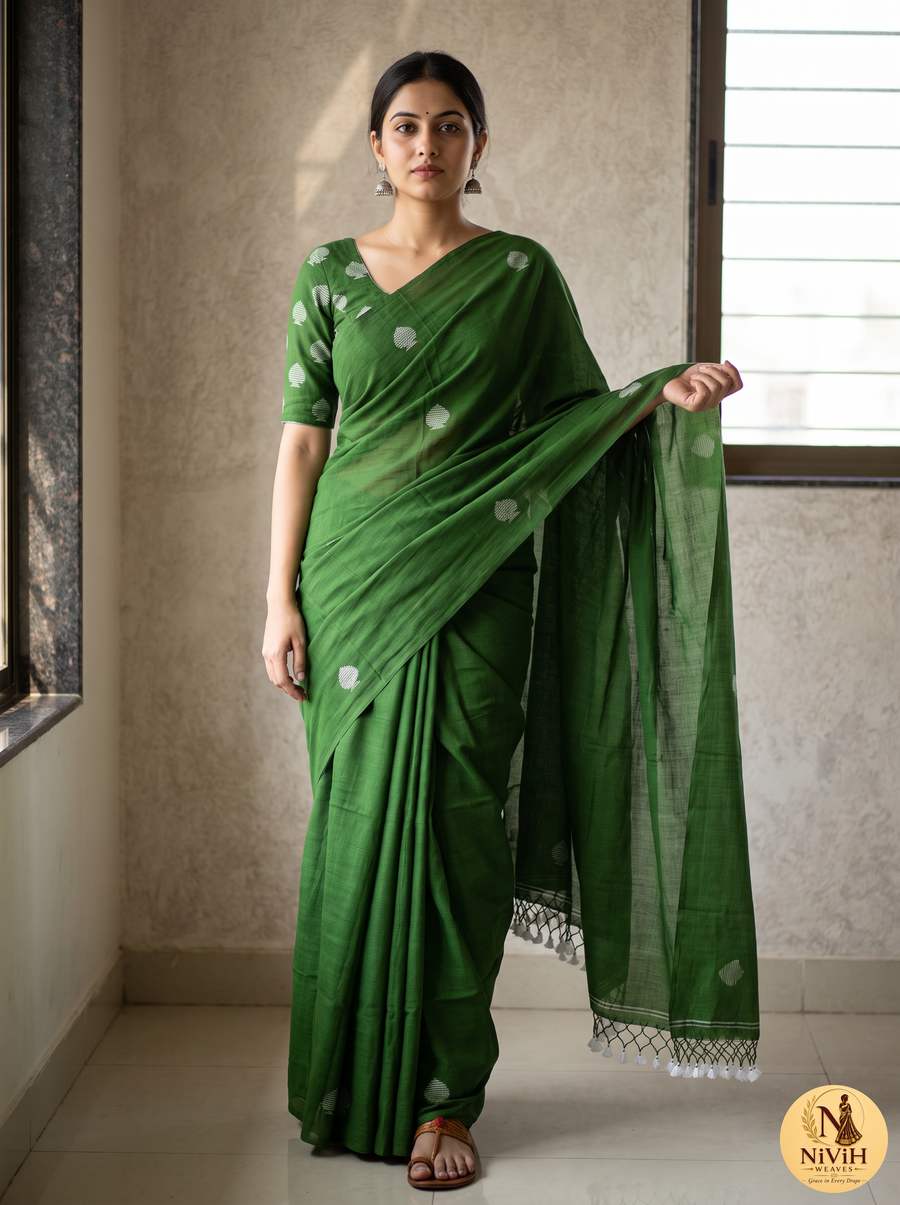 Forest Green Bengal Mul Cotton Saree with Silver Buta & Crochet Lace Pallu – NWS-01-020