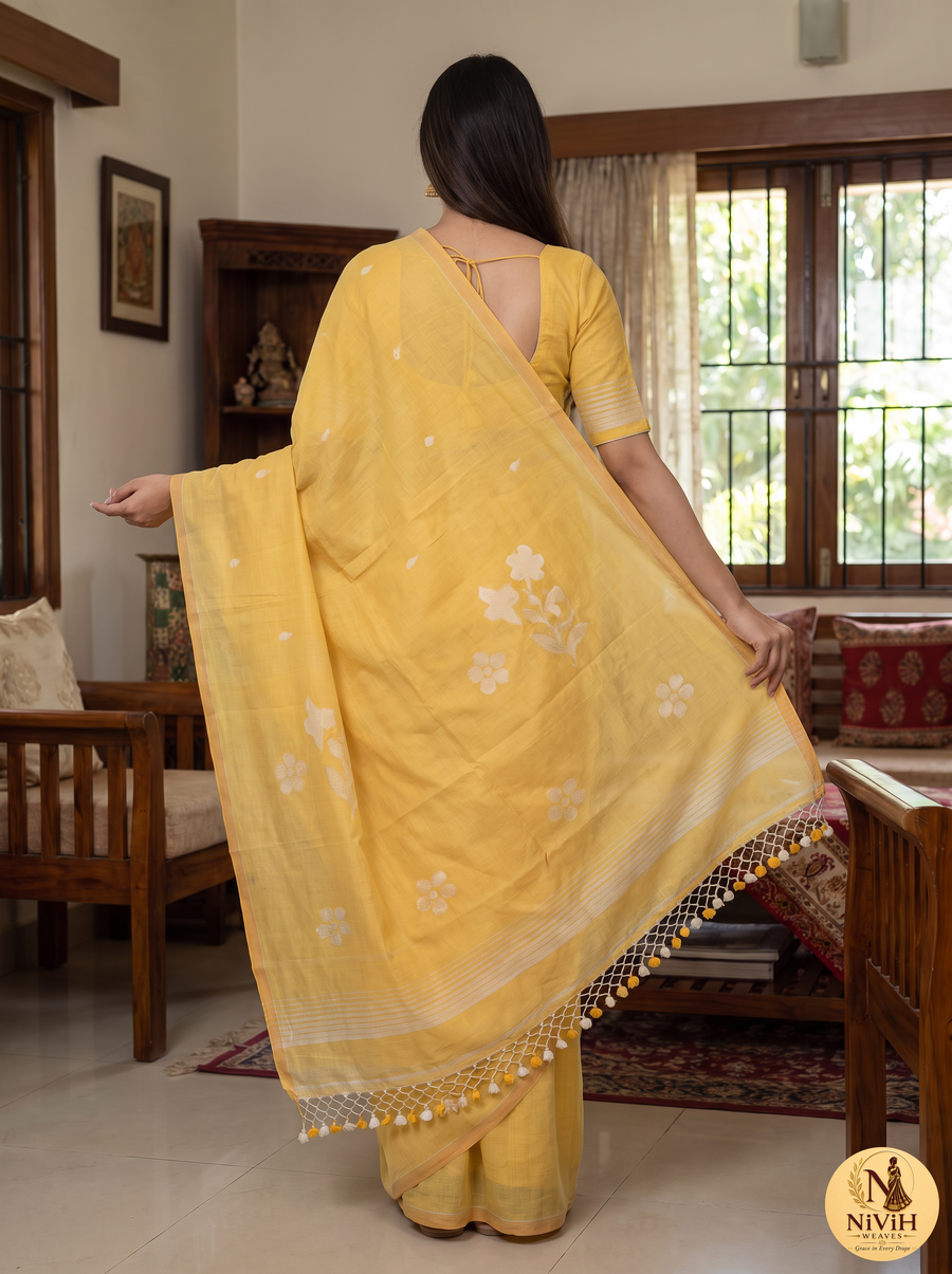 Mustard Yellow Bengal Mul Cotton Saree with White Floral Buta & Crochet Tassel Pallu – NWS-01-019