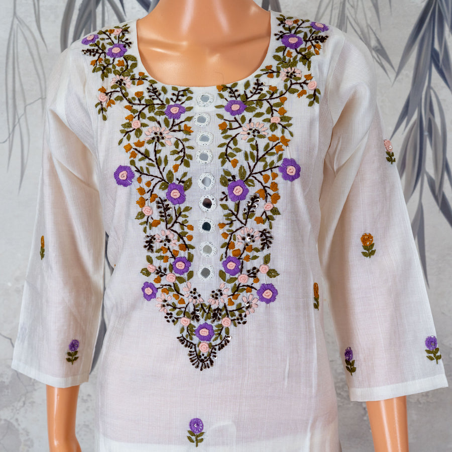 White Multicolour Floral Yoke Hand Embroidered 2-Piece Kurta Set – NWD-01-016