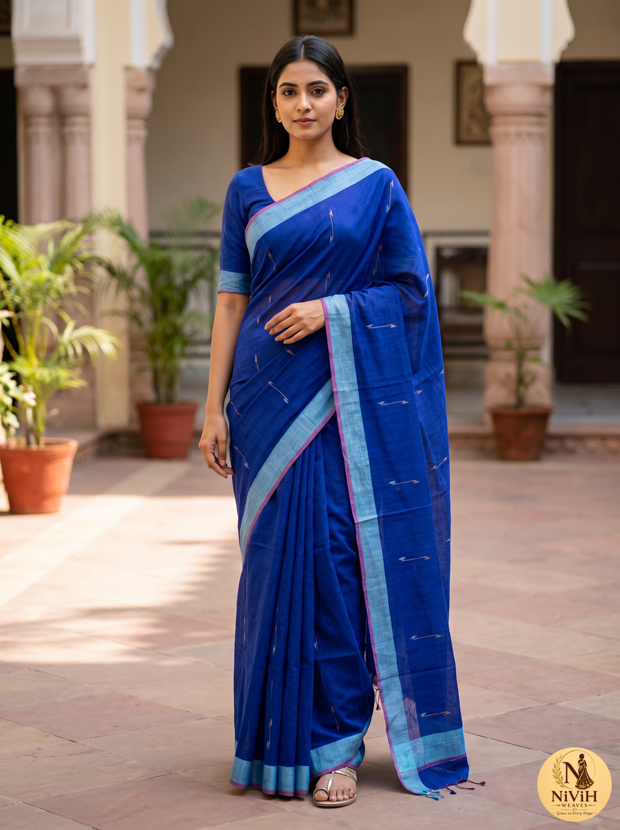 Royal Blue Ponduru khadi Cotton Saree with Silver Buta & Sky Blue Border