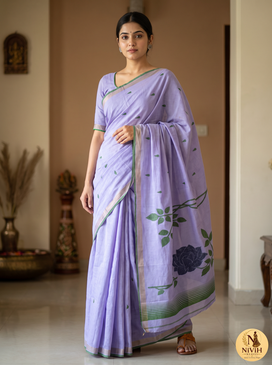 Lavender Mul Cotton Saree with Dark Rose Pallu & Green Stripe Border – NWS-01-018
