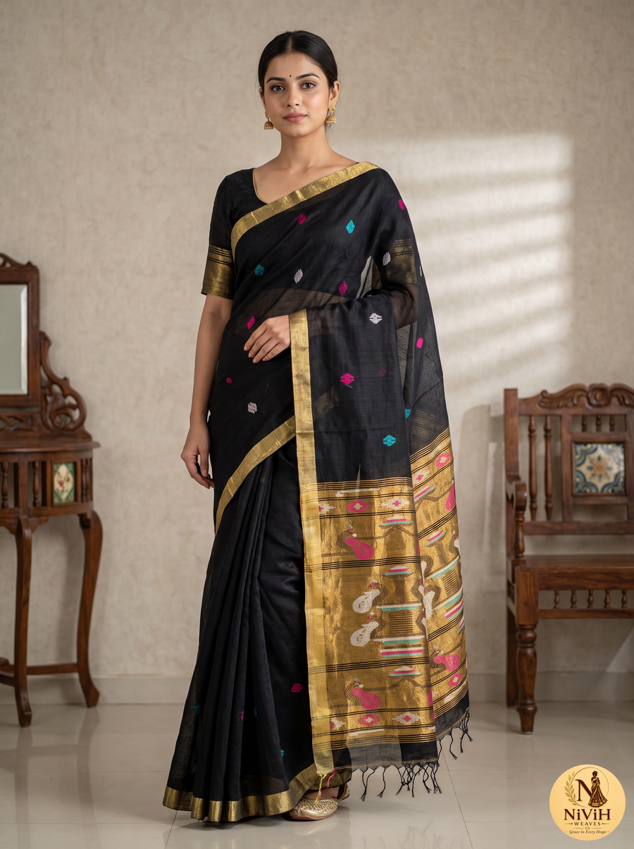 Black Bengal Silk Saree with Peacock Pallu & Broad Gold Zari Border – NWS-01-023