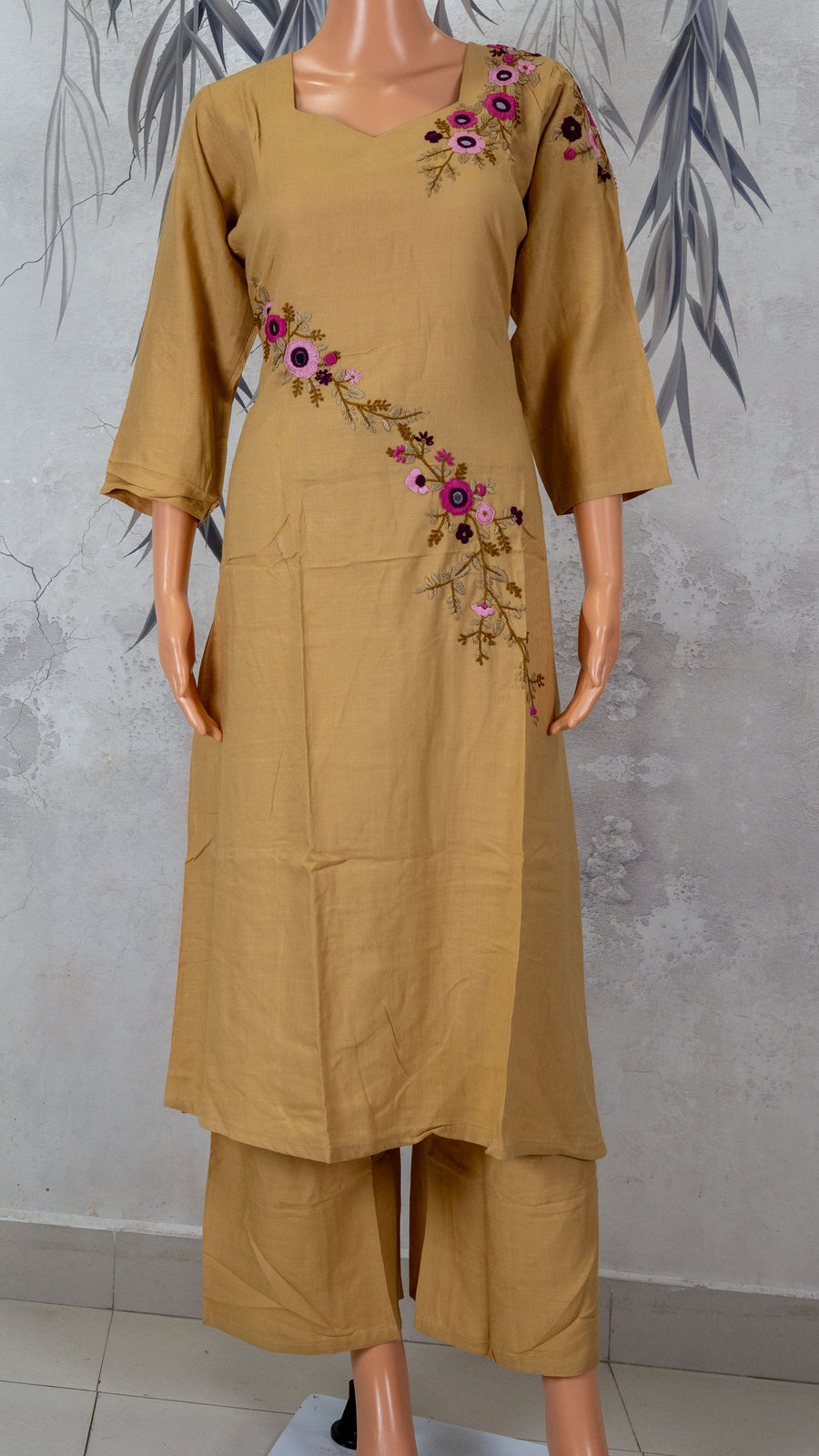 Mustard Yellow Diagonal Floral Vine Hand Embroidered 2-Piece Kurta Set – NWD-01-020