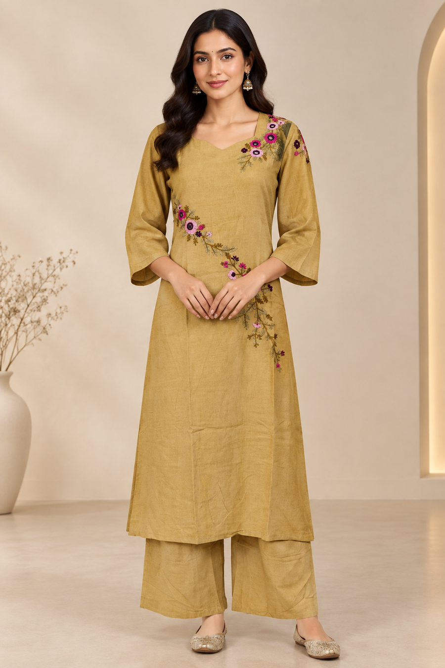 Mustard Yellow Diagonal Floral Vine Hand Embroidered 2-Piece Kurta Set – NWD-01-020