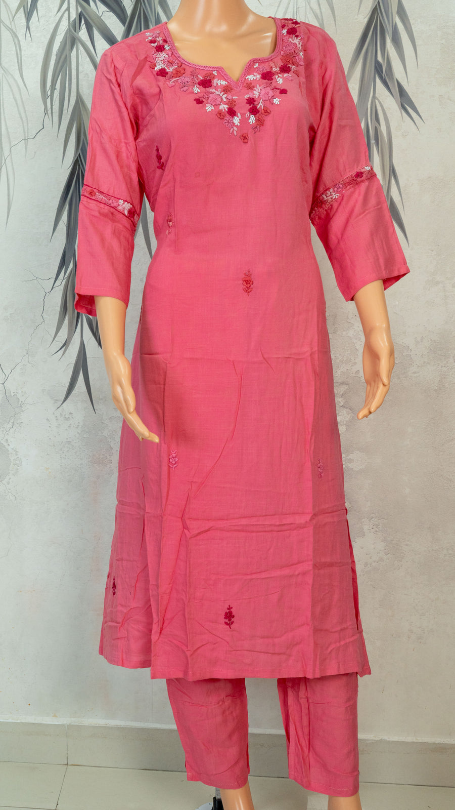 Rose Pink Mirror Floral Neckline Hand Embroidered 2-Piece Kurta Set – NWD-01-018