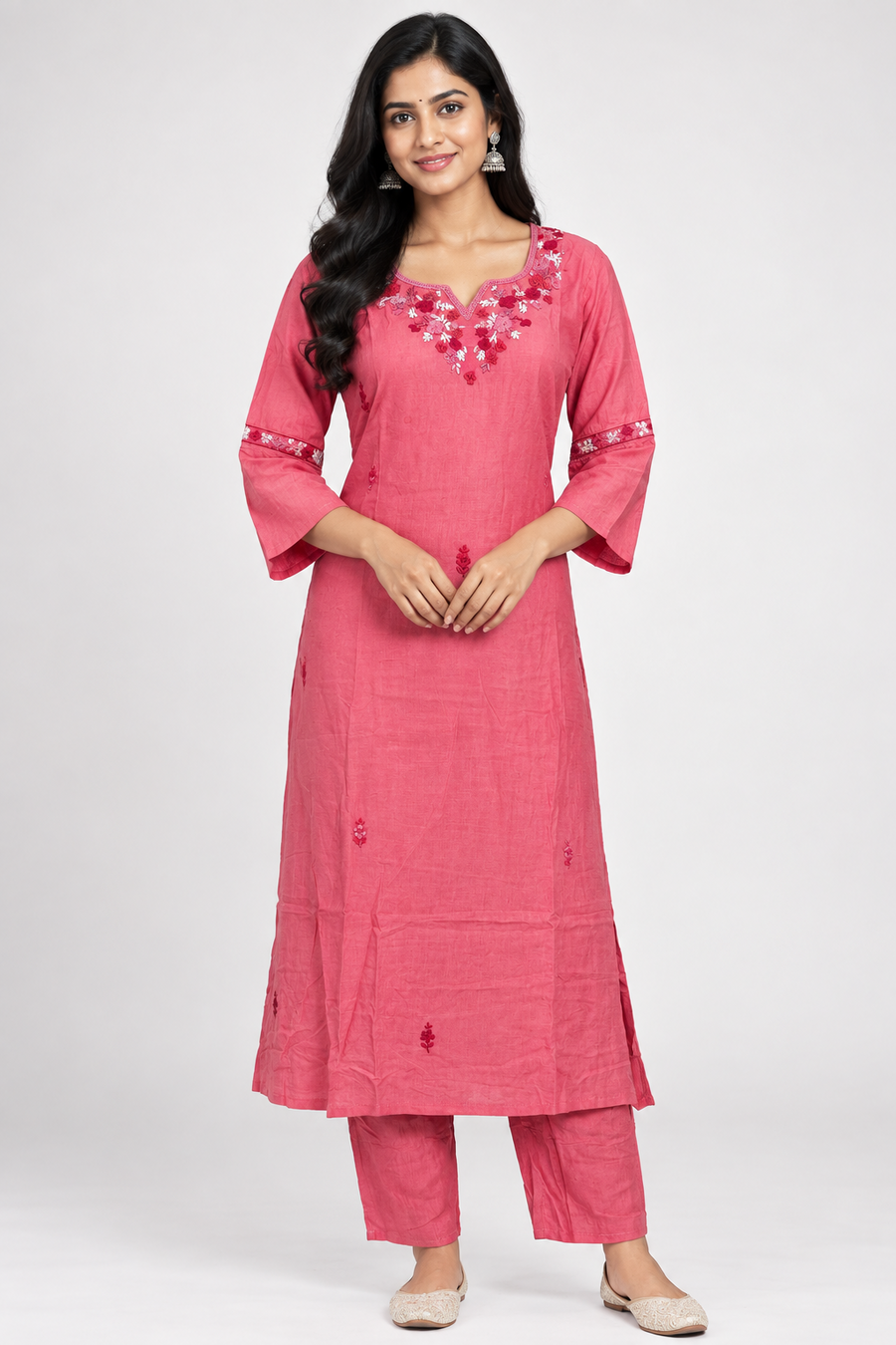 Rose Pink Mirror Floral Neckline Hand Embroidered 2-Piece Kurta Set – NWD-01-018