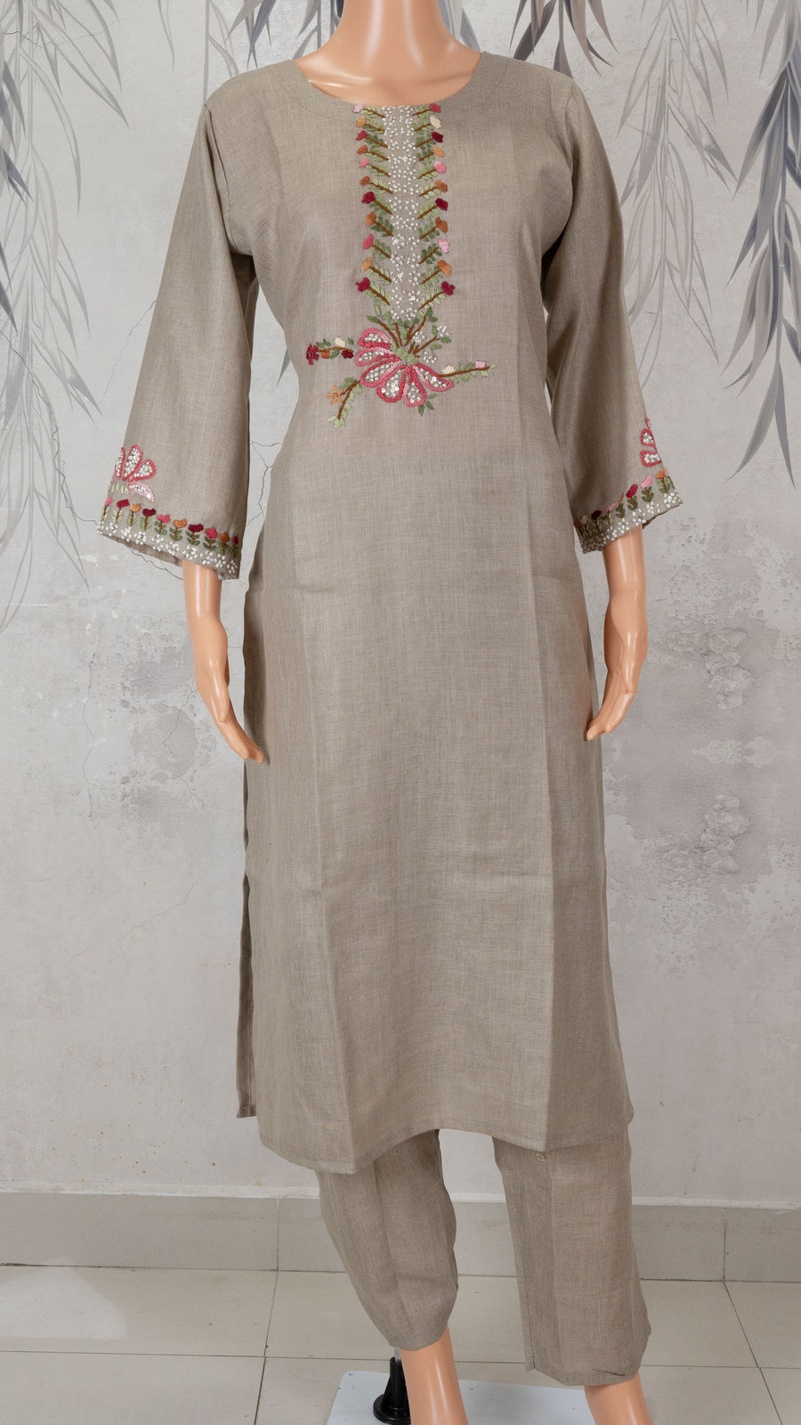 Grey Floral Placket Hand Embroidered 2-Piece Kurta Set – NWD-01-021