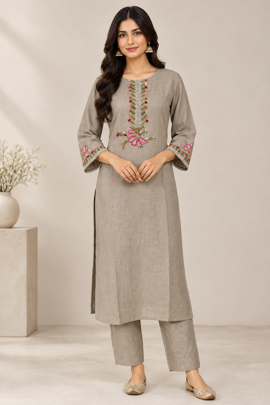 Grey Floral Placket Hand Embroidered 2-Piece Kurta Set – NWD-01-021