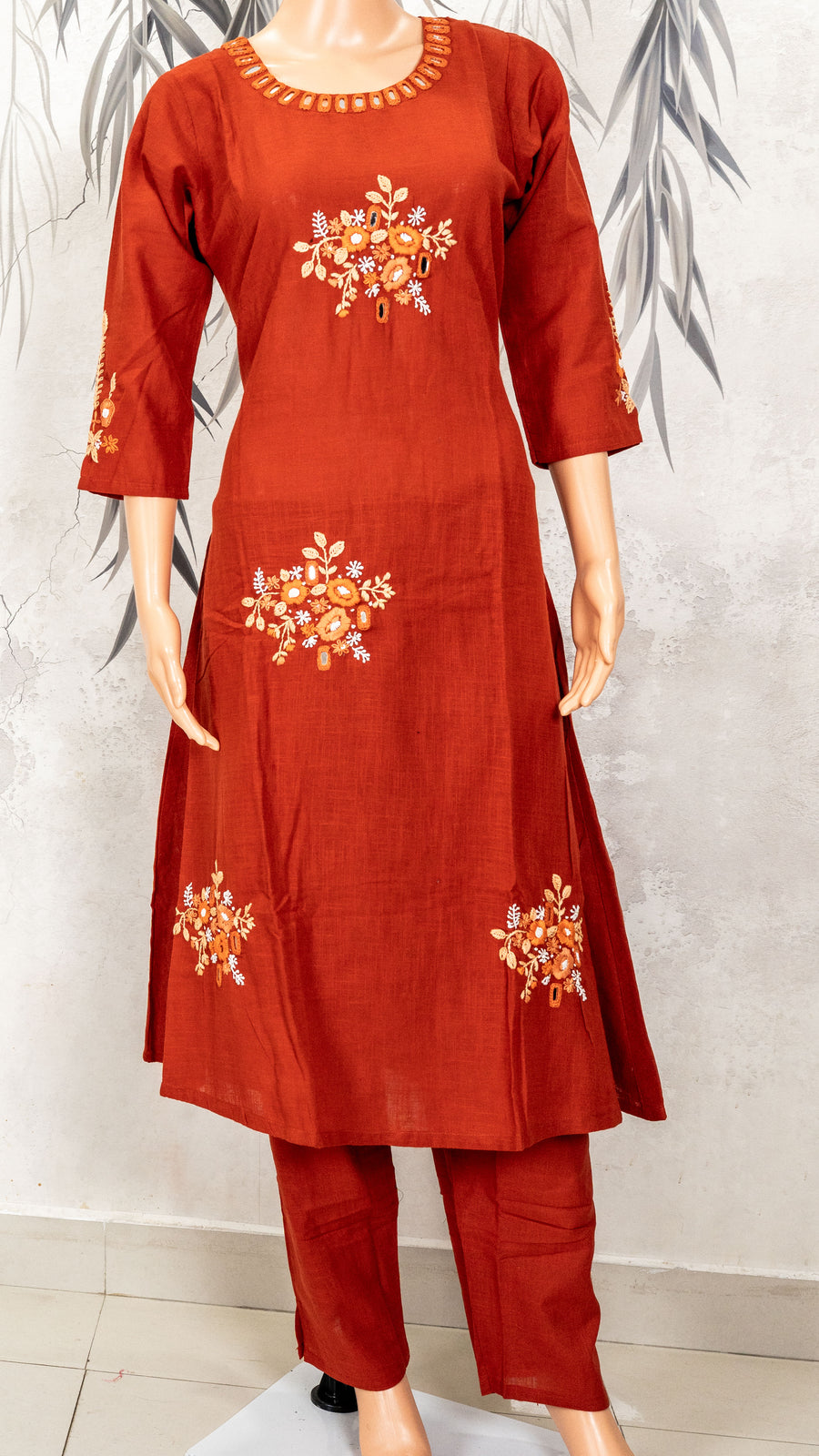 Rust Orange Floral Medallion Hand Embroidered 2-Piece Kurta Set – NWD-01-021