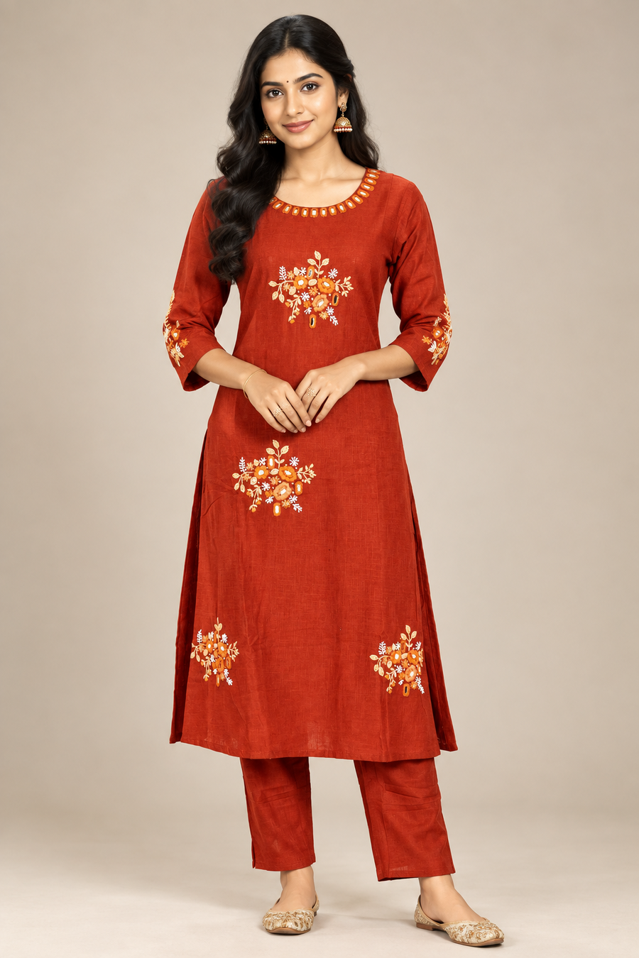 Rust Orange Floral Medallion Hand Embroidered 2-Piece Kurta Set – NWD-01-021