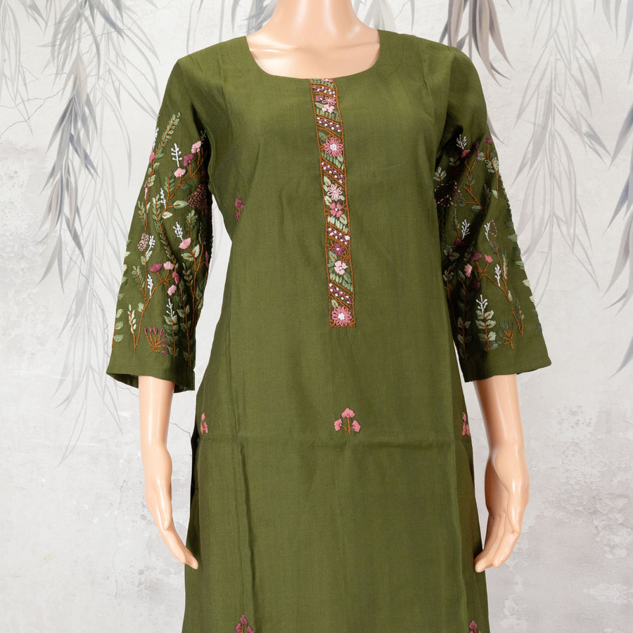 Olive Green Embroidered Placket & Sleeve 2-Piece Kurta Set – NWD-01-007
