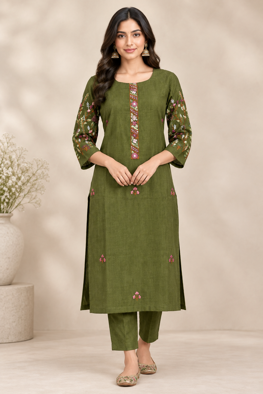 Olive Green Embroidered Placket & Sleeve 2-Piece Kurta Set – NWD-01-007