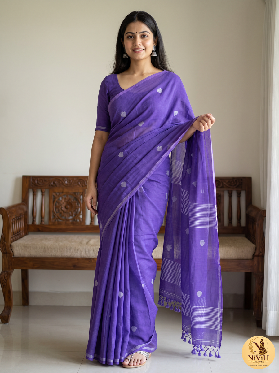 Violet Bengal Mul Cotton Saree with Silver Lotus Buta & Zari Stripe Pallu – NWS-01-020