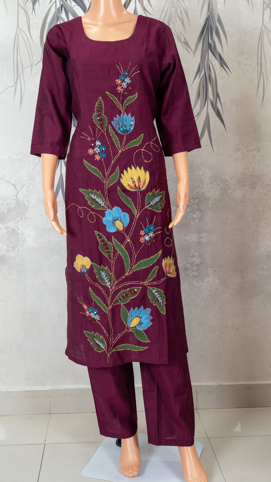 Plum Purple Bold Floral Vine Hand Embroidered 2-Piece Kurta Set – NWD-01-019