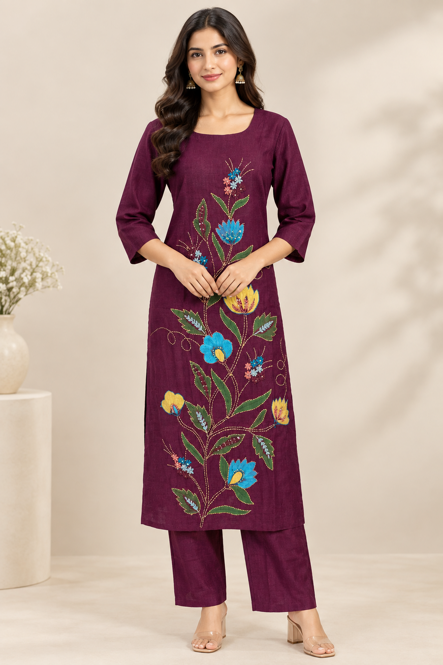Plum Purple Bold Floral Vine Hand Embroidered 2-Piece Kurta Set – NWD-01-019
