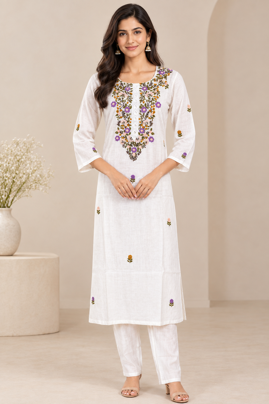 White Multicolour Floral Yoke Hand Embroidered 2-Piece Kurta Set – NWD-01-016