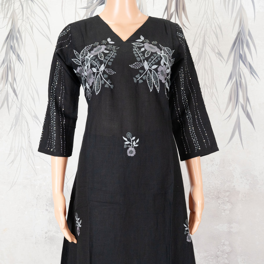Black Silver Floral Yoke Hand Embroidered 2-Piece Kurta Set – NWD-01-028