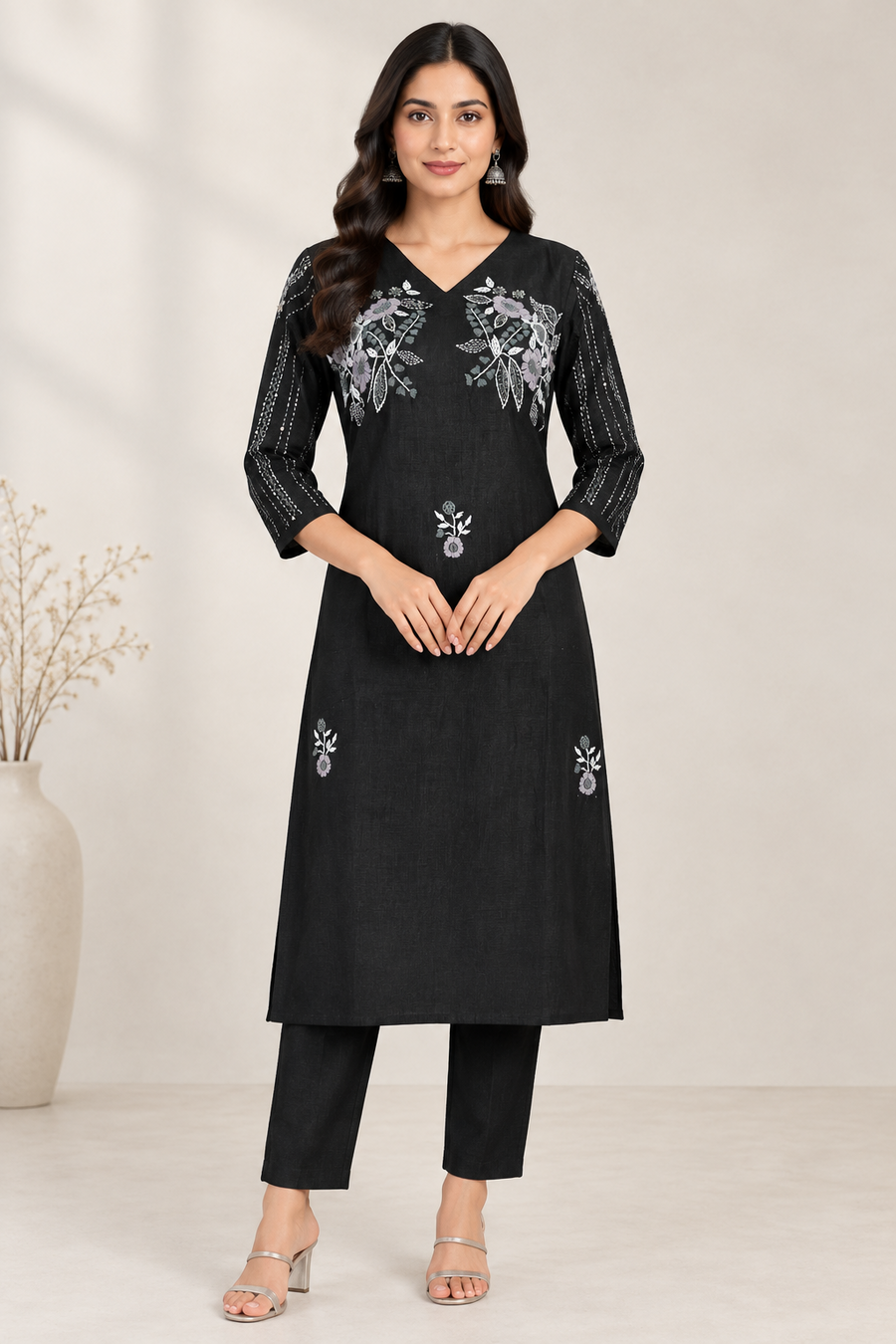 Black Silver Floral Yoke Hand Embroidered 2-Piece Kurta Set – NWD-01-028