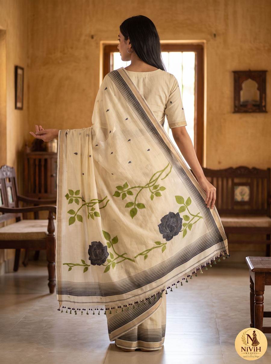 Cream Mul Cotton Saree with Dark Rose Pallu & Black Stripe Border – NWS-01-018
