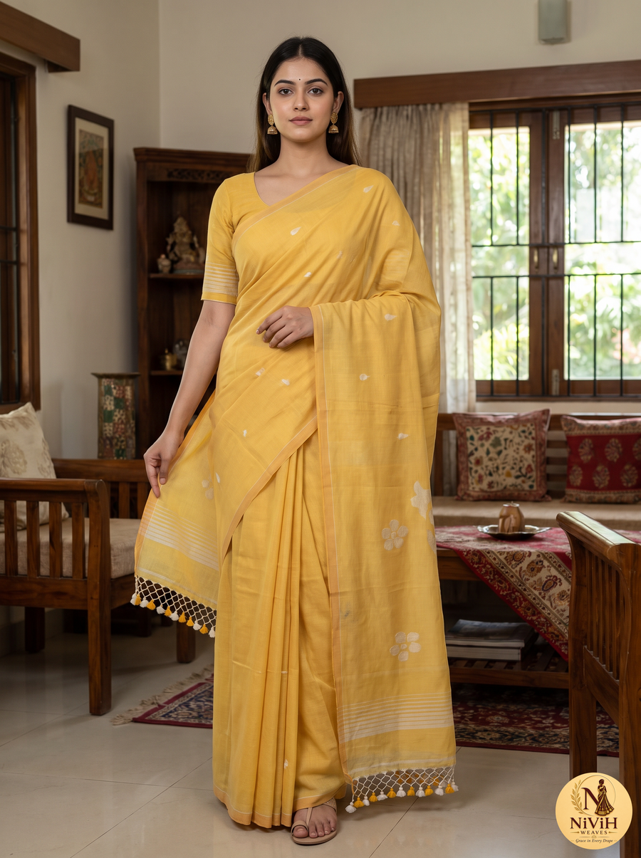 Mustard Yellow Bengal Mul Cotton Saree with White Floral Buta & Crochet Tassel Pallu – NWS-01-019