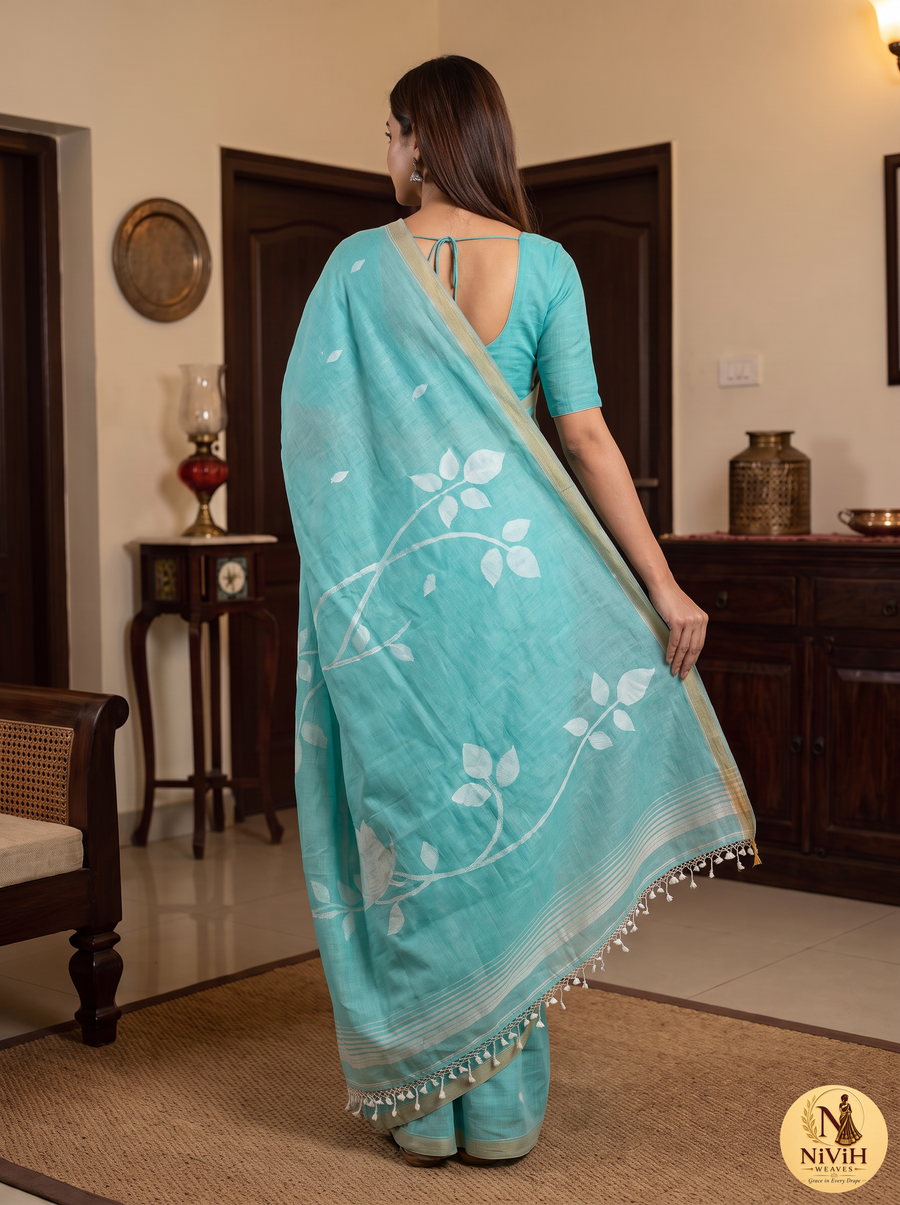 Aqua Blue Mul Cotton Saree with White Botanical Leaf Pallu – NWS-01-018