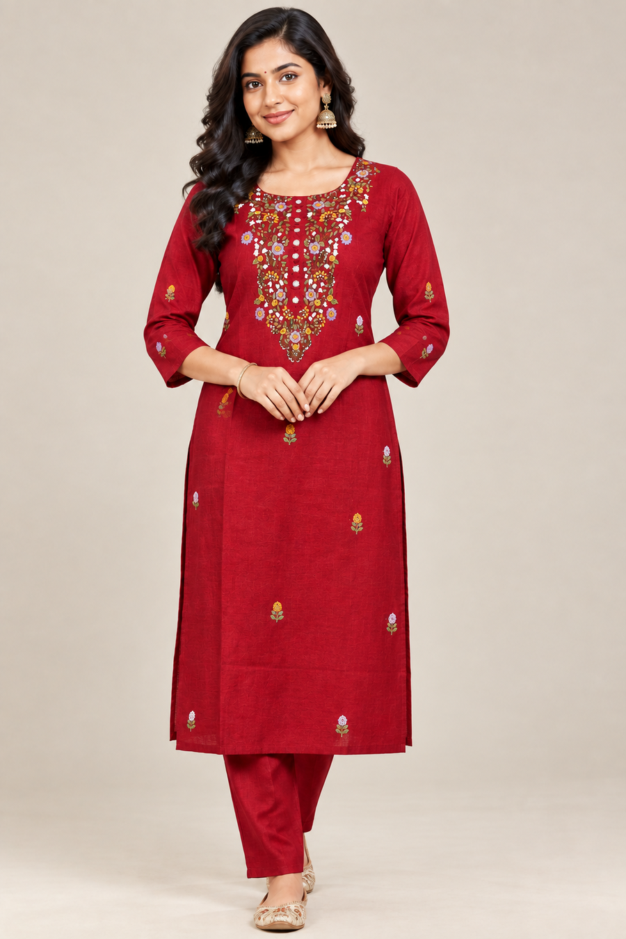 Deep Red Mirror Floral Yoke Hand Embroidered 2-Piece Kurta Set – NWD-01-016