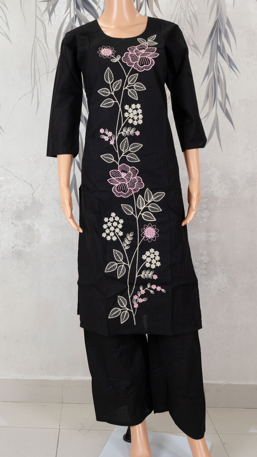 Black White Floral Vine Hand Embroidered 2-Piece Kurta Set – NWD-01-014