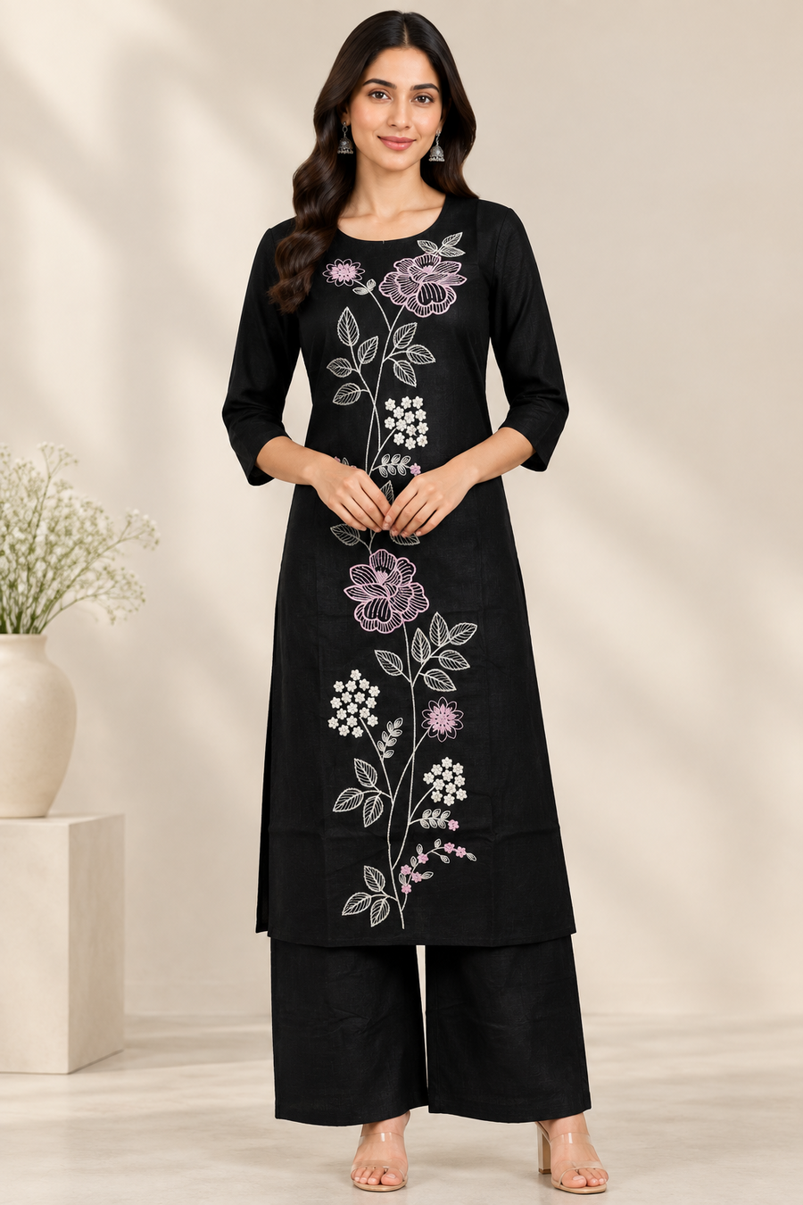 Black White Floral Vine Hand Embroidered 2-Piece Kurta Set – NWD-01-014