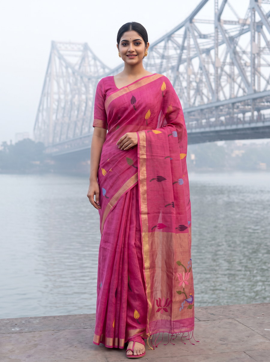 Deep Pink Bengal Linen Saree with Multicolour Floral Buta & Gold Zari Border – NWS-01-024