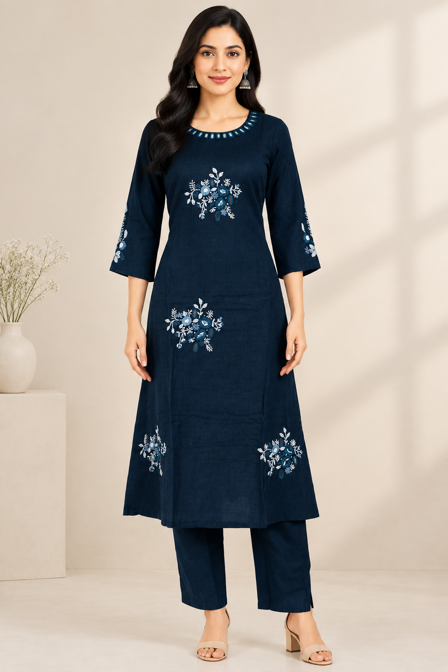 Navy Blue White Floral Motif Hand Embroidered 2-Piece Kurta Set – NWD-01-021
