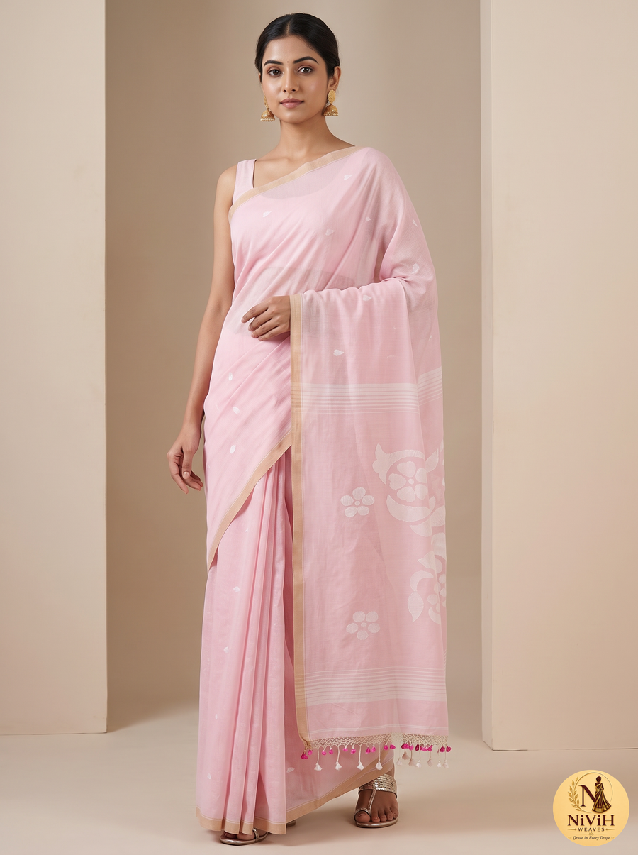 Baby Pink Bengal Mul Cotton Saree with Woven White Floral Pallu & Tassel Hem – NWS-01-019